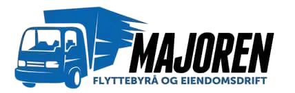 Logo med blått lastebilikon med teksten "Flyttebyrå Oslo - Flyttebyrå og Eiendomskontor" til høyre. Designet foreslår et flyttebyrå med base i Oslo.